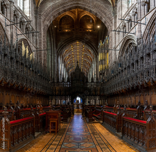 view of the choir and altar and central nave of the historic Chester Cathedral photo