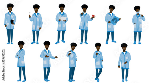 Set of male African-American doctors on white background