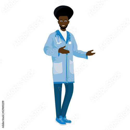 Male African-American doctor showing something on white background