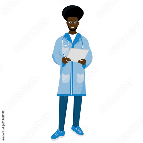 Male African-American doctor with clipboard on white background