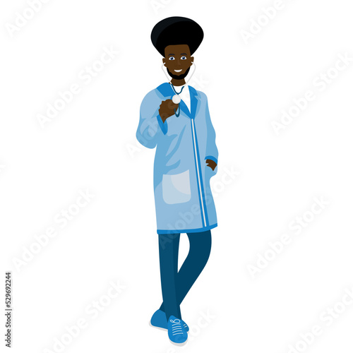 Male African-American doctor with stethoscope on white background