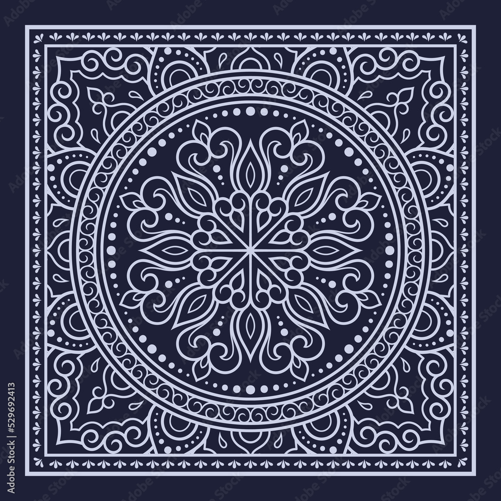 Circular pattern in form of mandala with flower for Henna, Mehndi, decoration. Blue decorative ornament in ethnic oriental style for a bandana. Outline doodle hand draw vector illustration. Circular pattern in form of mandala with flower for Henna, Mehndi, decoration. Blue decorative ornament in ethnic oriental style for a bandana. Outline doodle hand draw vector illustration.