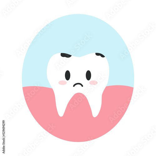 Sick tooth with caries in cartoon flat style. Vector illustration of disgruntled unhealthy teeth character, dental care concept, oral hygiene