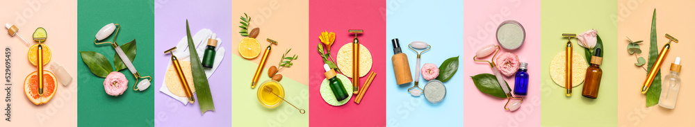 Naklejka premium Collage with facial massage tools, cosmetics and natural ingredients on color background, top view