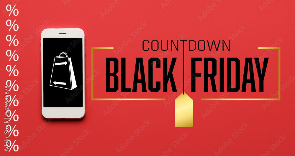 Naklejka premium Mobile phone and text BLACK FRIDAY COUNTDOWN on red background