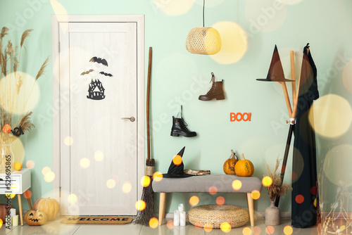 фотографія Interior of stylish hallway with creative decorations for Halloween