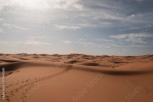 Camel Tracks through Sand Dunes in Erg Chebbi, Sahara Desert, Morocco.