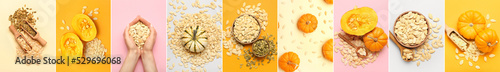 Foto Collage with many natural pumpkin seeds and fresh vegetables, top view