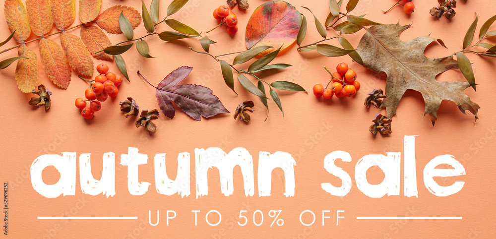 Fototapeta premium Banner for autumn sale with dry leaves on beige background