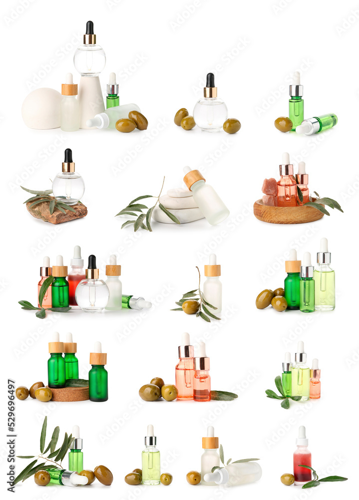 Set of cosmetics with olive oil extract isolated on white