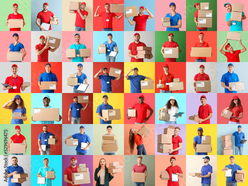 Set of couriers with parcels on colorful background