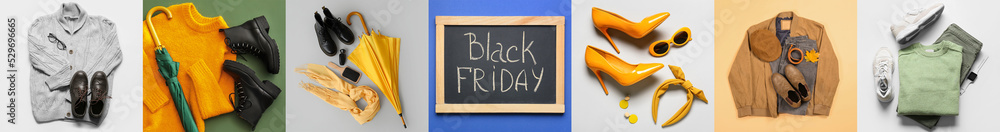 Collage of stylish clothes and text BLACK FRIDAY Collage of stylish clothes and text BLACK FRIDAY