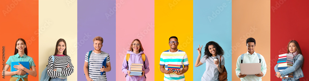 Set of different students on color background - obrazy, fototapety, plakaty 