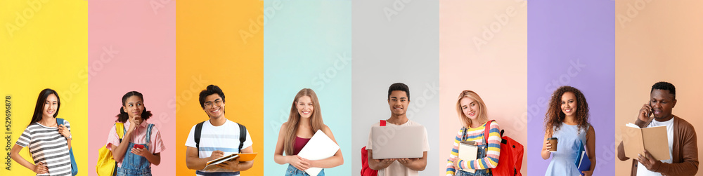 Collage of different students on color background Collage of different students on color background
