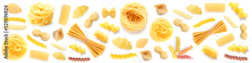 Collection of traditional Italian pasta on white background
