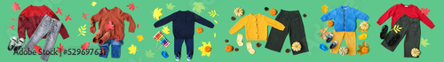 Set of stylish baby clothes with autumn decor on green background, top view