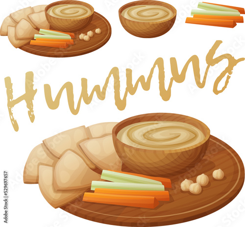 Homemade organic hummus with pita cheaps, carrots and celery vector icon. Middle eastern cuisine cartoon illustration isolated on white background