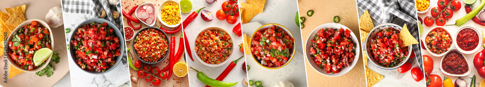 Collage of tasty salsa sauces in bowls on table, top view Collage of tasty salsa sauces in bowls on table, top view