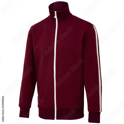 Blank red tracksuit top, jacket design, sportswear, track front, side and back views..Sport tracksuit design template, zip jacket and trousers vector illustration..Fashionable tracksuit design.