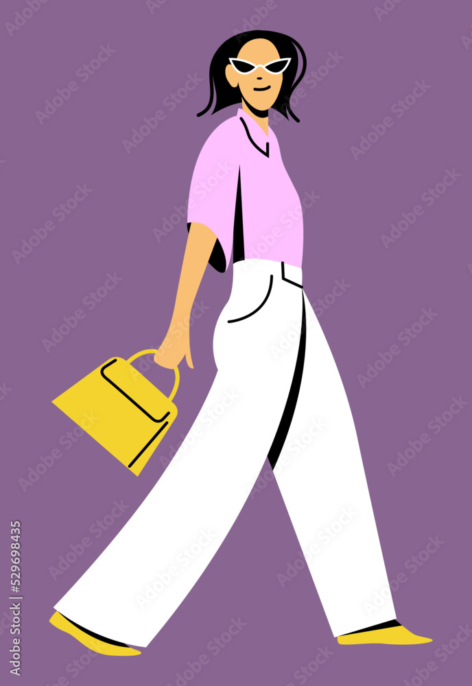 vector trendy flat design illustration beautiful walking girl in white pants, pink top, yellow handbag and trendy sunglasses. useful for web, graphic design, print, clothing stores, cards, posters vector trendy flat design illustration beautiful walking girl in white pants, pink top, yellow handbag and trendy sunglasses. useful for web, graphic design, print, clothing stores, cards, posters
