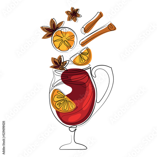 Mulled wine with glass and flying ingredients vector hand drawn illustration on white .Cinnamon stick, anise stars,orange slice.Red Mulled Wine.Winter drink Design element,emblem,label,icon,logo.