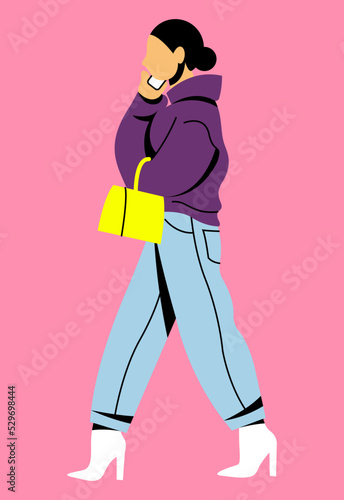vector trendy flat design image of a beautiful walking girl in jeans, a purple down jacket, white shoes and with a small handbag. useful for web, graphic design, print, clothing stores, cards, posters