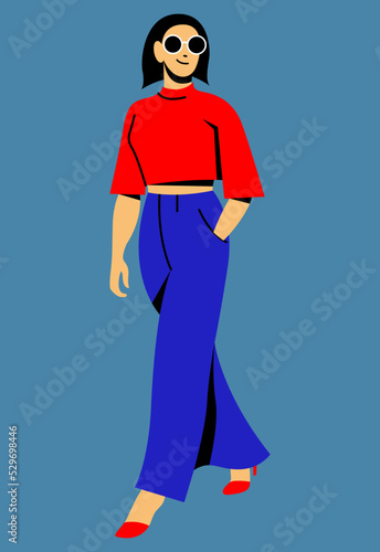vector flat design illustration of a beautiful girl in fashionable clothes in blue pants, a red top is walking down the street. useful for web, graphic design, print, clothing stores, cards, posters
