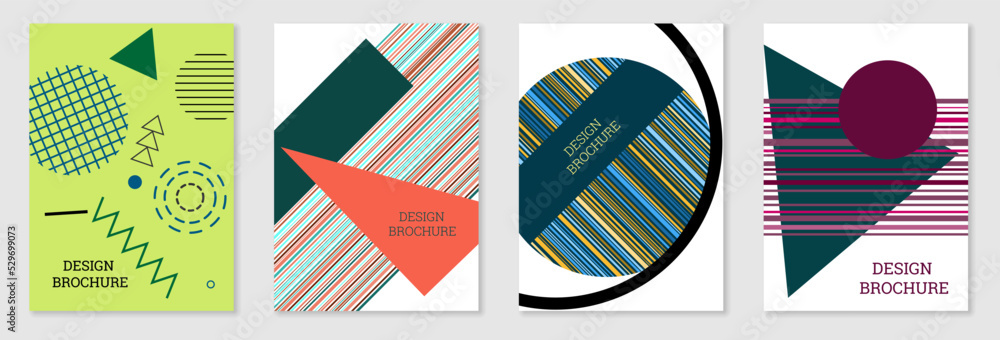 Set of cover design in Memphis style. Geometric design, abstract background. Fashionable bright cover, banner, poster, booklet. Creative colors. Set of cover design in Memphis style. Geometric design, abstract background. Fashionable bright cover, banner, poster, booklet. Creative colors.