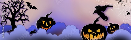 Halloween Cute 3D Cut Paper Banner Header invitation advertisement background with Pumpkins, Spiders, Spooks and Haunted House in many layers, orange purple and black photo