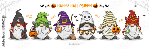 Set Of Happy Halloween With Cute Gnomes Vampire, Witches, Frankenstein, Devil, Mummy, And Ghost Banner Design, Cute Cartoon Illustration