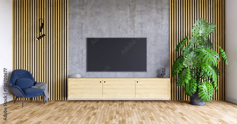 Salon, betonowa ściana z telewizorem i drewnianymi elementami ozdobnymi. Render 3d - obrazy, fototapety, plakaty 