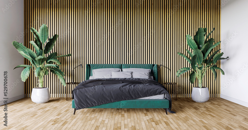 Sypialnia, prosta aranżacja z drewnianymi elementami i zielonym łóżkiem. Aranżacja wnętrza. Render 3d.  - obrazy, fototapety, plakaty 