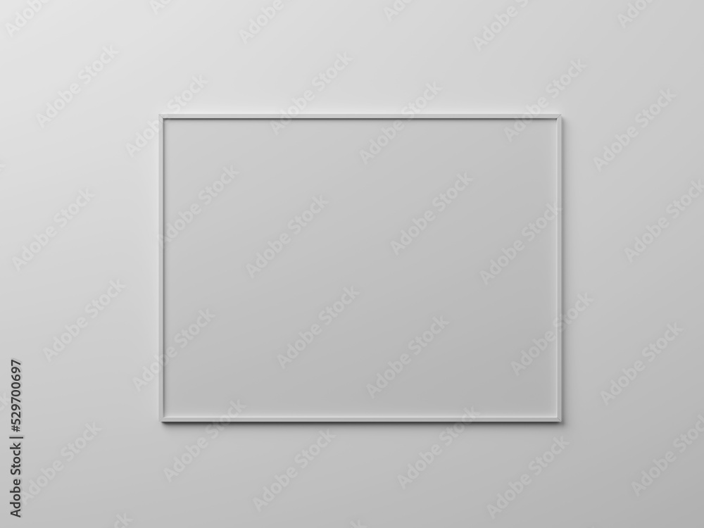 Horizontal simple frame mockup. One blank frame hanging on wall painted white color. Blank photo frame mockup for your design. 3d rendering illustration. Horizontal simple frame mockup. One blank frame hanging on wall painted white color. Blank photo frame mockup for your design. 3d rendering illustration.
