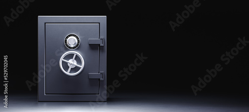 Closed strongbox on black background. 3d render