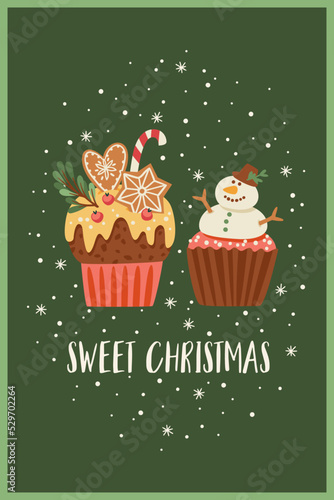 Christmas and Happy New Year card with christmas sweet. Trendy retro style. Vector design.