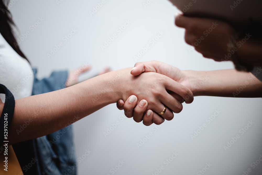 concept of working together two business women shaking hands in modern office for success concept of working together two business women shaking hands in modern office for success