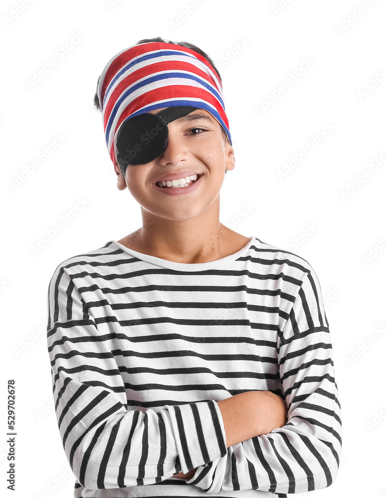 Fototapeta premium Little boy dressed as pirate on white background