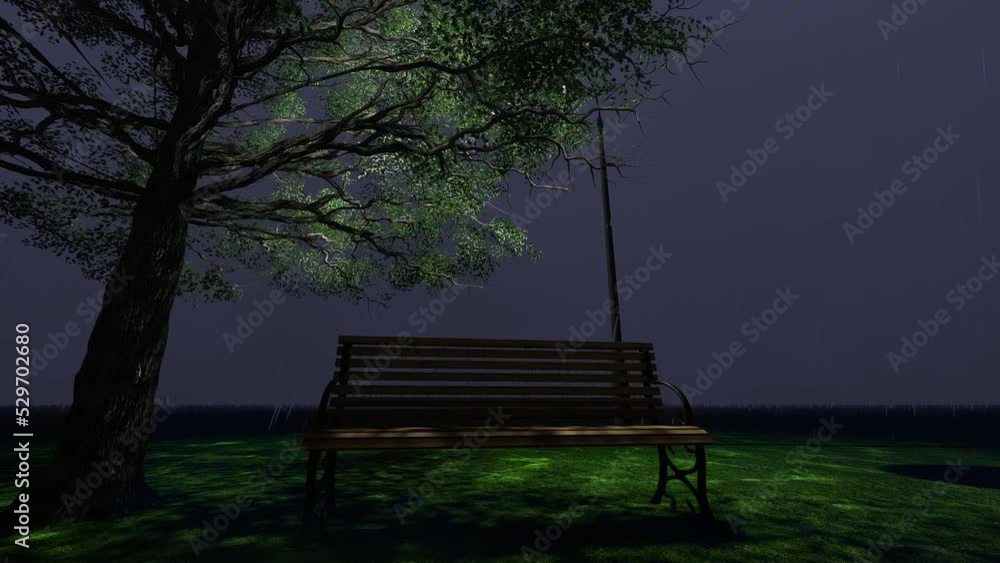 Autumn rain in the park on a lonely bench under a lantern. 3D Render Autumn rain in the park on a lonely bench under a lantern. 3D Render