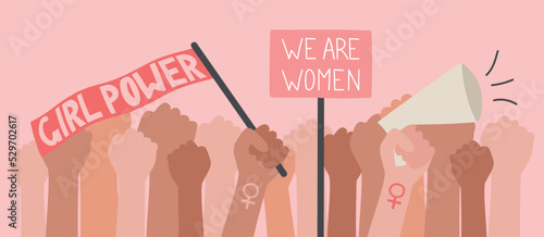 Feminism fists, protest and revolution, feminist struggle, vector cartoon with flat hands. Feminism activists, fist, symbol of strength, equality and unrest, Union for Women's Rights, women's power