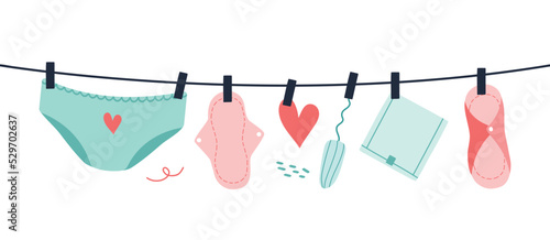 Hand draw female lingerie, tampon, pads. Female regular menstrual cycle concept. Menstrual period, menstruation, premenstrual syndrome.