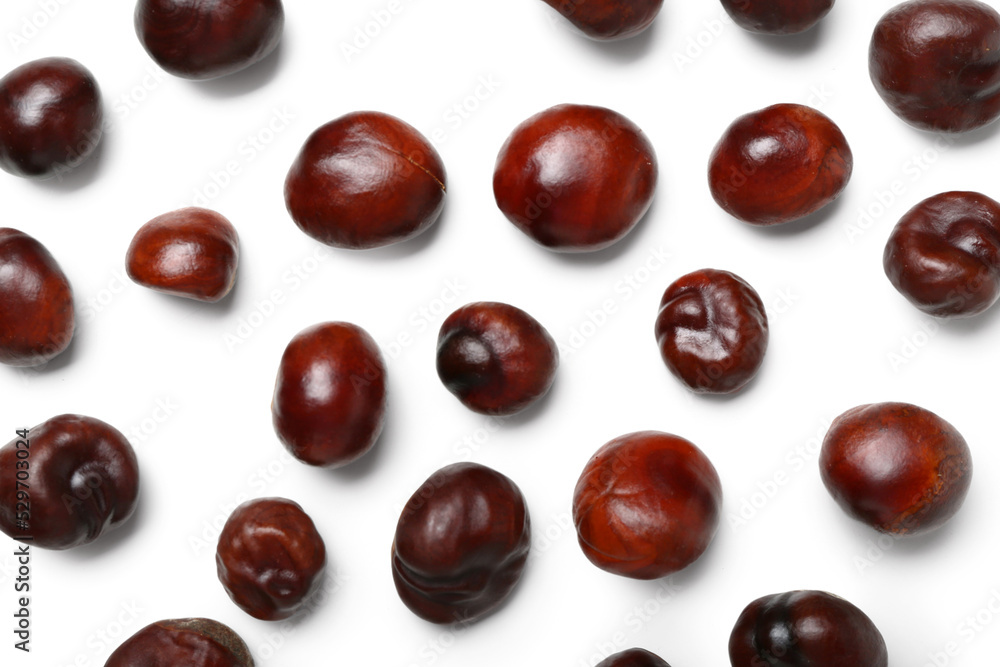 Fresh chestnuts on white background, top view Fresh chestnuts on white background, top view
