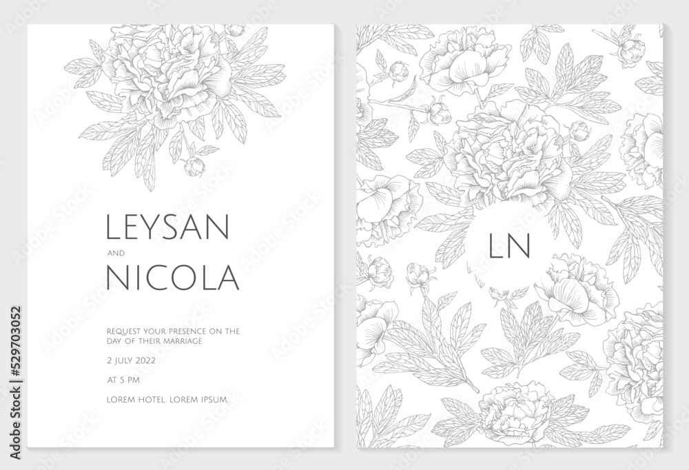 Obraz premium Set of wedding invitations. Graphic contour peonies. Hand drawn floral pattern.