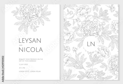 Set of wedding invitations. Graphic contour peonies. Hand drawn floral pattern.