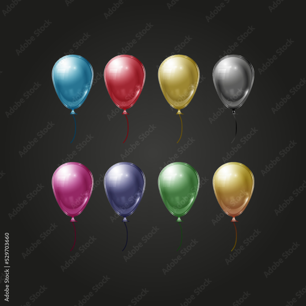 Balloon set isolated on transparent background. Vector realistic gold, bronze, golden rose, silver, white, and black festive 3d helium balloons template for anniversary, birthday party design