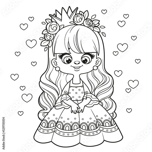 Cute cartoon longhaired princess in a dress with bouffant skirt and roses wreath outlined for coloring page on white background