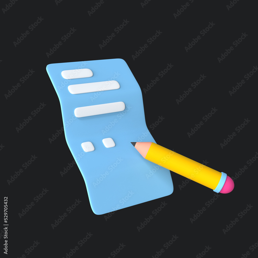 Pencil Writing on White Paper Taking Note document 3d rendering pastel color illustration Pencil Writing on White Paper Taking Note document 3d rendering pastel color illustration