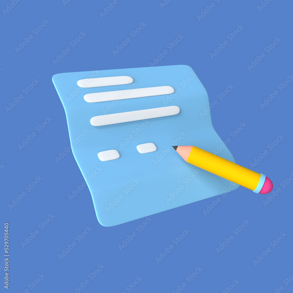 Pencil Writing on White Paper Taking Note document 3d rendering pastel color illustration Pencil Writing on White Paper Taking Note document 3d rendering pastel color illustration