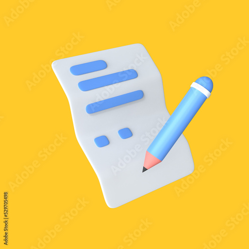 Pencil Writing on White Paper Taking Note document 3d rendering pastel color illustration 
