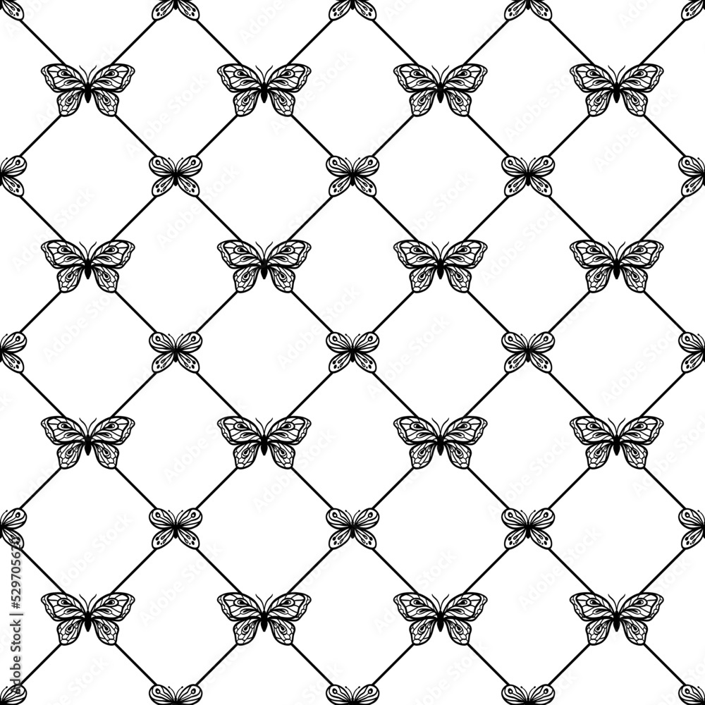 Naklejka premium Seamless mesh pattern with butterflies, vector illustration with insects, print for fabric and other surfaces.