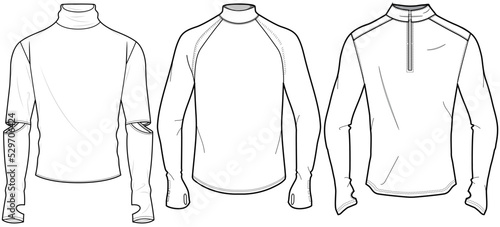 Thermal Underwear, High Neck Long Sleeve Base Layer Activewear Top Sets Fashion Illustration, Vector, CAD, Technical Drawing, Flat Drawing, Template, Mockup.